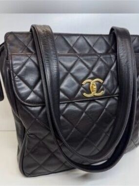 CHANEL Brown Quilted Leather Tote with Gold CC Emblem